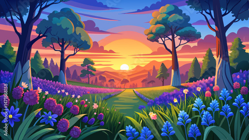 Sunset over a vibrant field of bluebell  flowers with a backdrop of dark green trees in a tranquil outdoor setting Very beautiful
