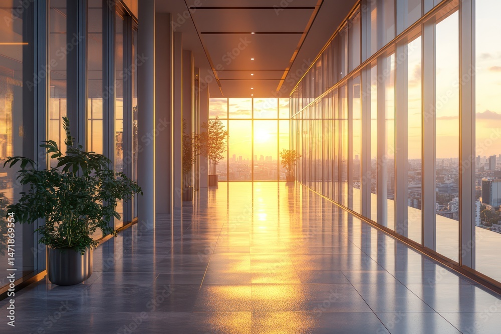 Fototapeta premium Bright spacious modern hallway with sunset light and windows