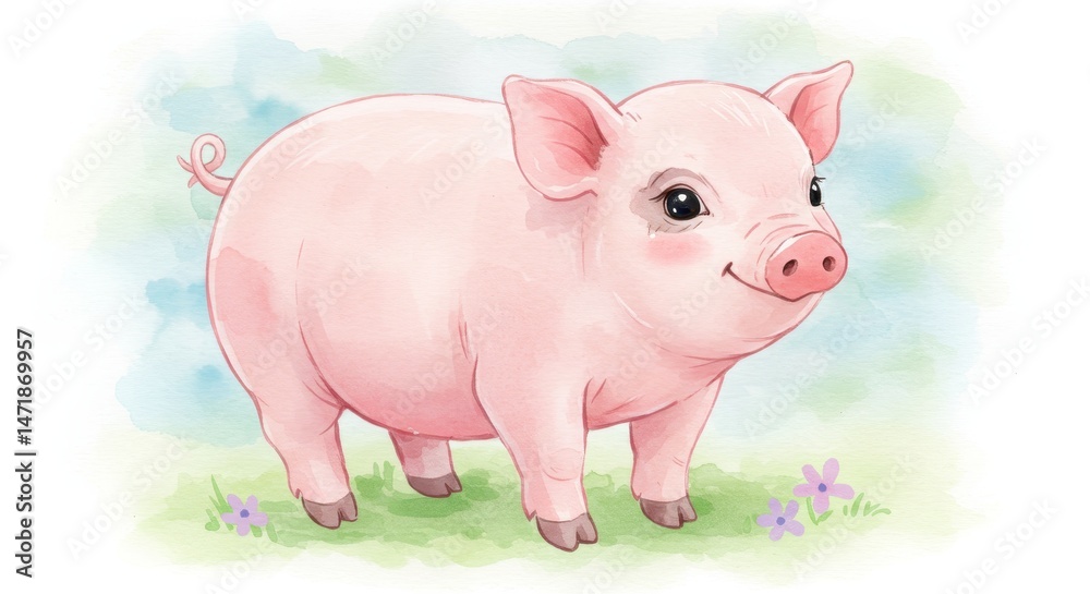 Fototapeta premium Adorable Pink Piglet in Meadow - Cute illustration of a happy pink piglet standing in a green field with purple flowers. Perfect for children's books, cards, or websites