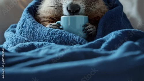 Cute marmot snugly wrapped in a cozy blue blanket, drinking from a light blue cup indoors on a bed in a relaxed, humorous scene.