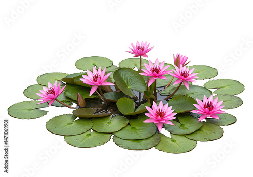  Pink water lilies with green lily pads on transparent background