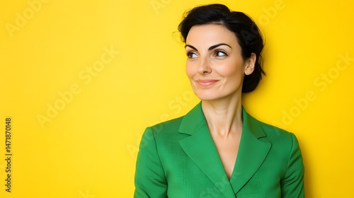 Confident Woman in Green Blazer Yellow Background Portrait
