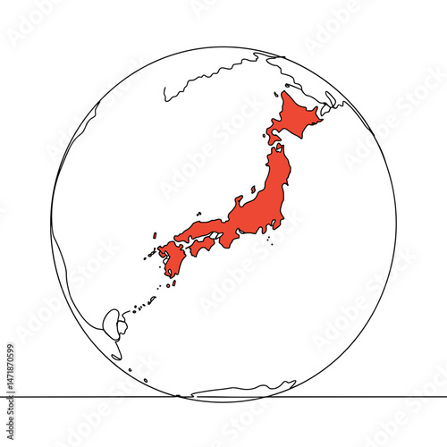 Japan highlighted on the globe — one-line vector illustration with red fill for Expo 2025 identity and geographic branding