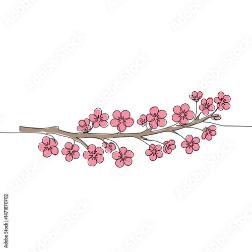 Cherry blossom branch — one-line vector illustration with pink color fill for Expo 2025 cultural and seasonal themes