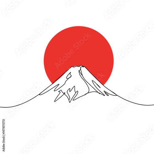 Mount Fuji with red sun — one-line vector illustration for Expo 2025 identity and travel-themed visuals