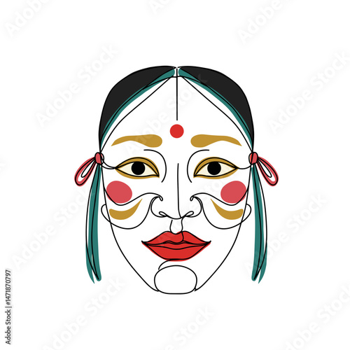 Traditional Japanese mask — one-line vector illustration with expressive color details for Expo 2025 cultural heritage visuals