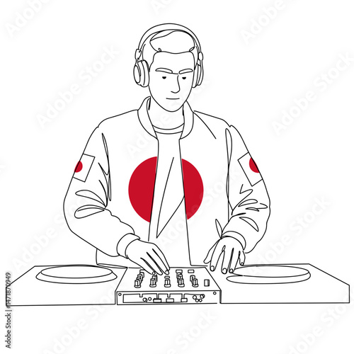 DJ in Japan-themed jacket — one-line vector illustration with red color accents for Expo 2025 music and youth culture visuals