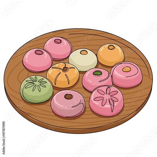 Japanese sweets on a wooden tray — one-line vector illustration with color accents for Expo 2025 food and culture visuals