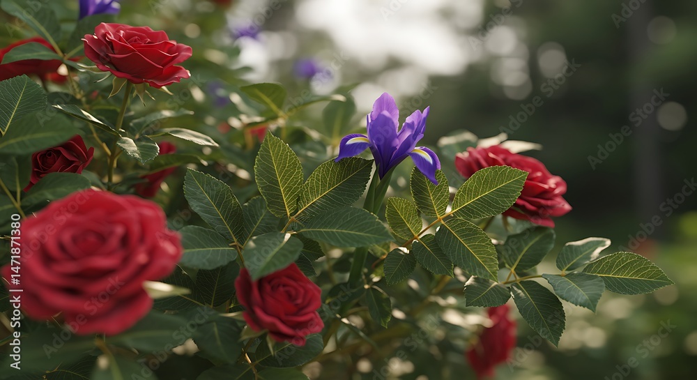 Blooming Flowers in Garden Red Roses and Purple Iris in Soft Light Blooming Flowers in Garden Red Roses and Purple Iris in Soft Light