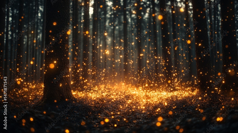 Naklejka premium Enchanting forest floor illuminated by magical lights.