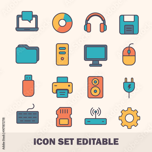 Colorful Flat Line Computer Hardware Icons – Digital Devices and Technology Set