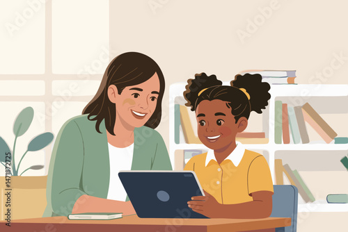 Learning together at home with tablet and smile
