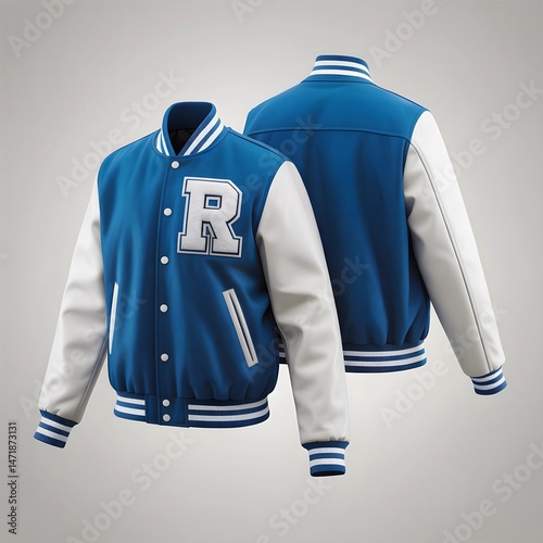 Blue and White Varsity Letterman Jacket with R Patch, Front and Back View, Classic High School Style Bomber Jacket Mockup with Ribbed Cuffs and White Leather Sleeves on Gray Background