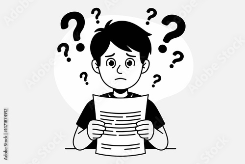 Confused boy reviewing paper with questions in mind