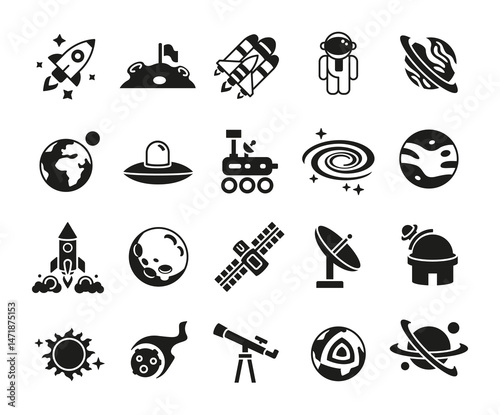 Space icons. Large set of Space trendy minimal icons. Rocket, Astronaut, Satellite, Planet, Telescope, UFO, Meteor icon. Design signs for web page, mobile app, packaging design. Vector illustration.