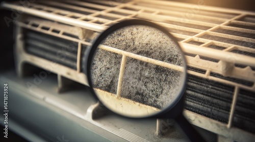 Close-up view through magnifying glass reveals dust, dirt, harmful PM2.5 particles inside home air conditioner, illustrating indoor pollution, poor air quality, potential respiratory health hazards