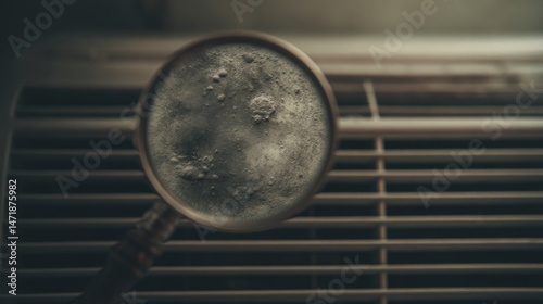 Close-up view through magnifying glass reveals dust, dirt, harmful PM2.5 particles inside home air conditioner, illustrating indoor pollution, poor air quality, potential respiratory health hazards