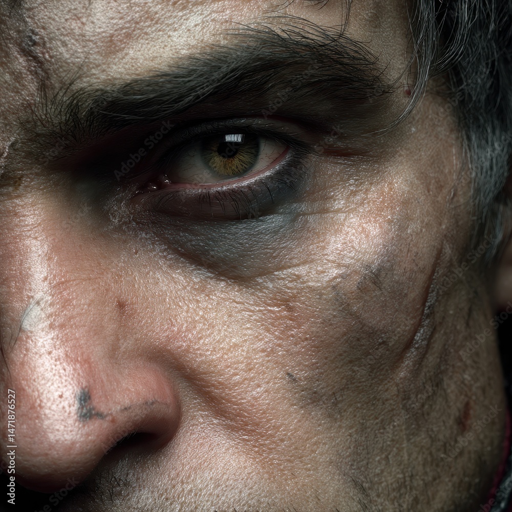 Naklejka premium Close-up of a man's face with a determined look, showing signs of wear and tear, highlighting resilience and inner strength.