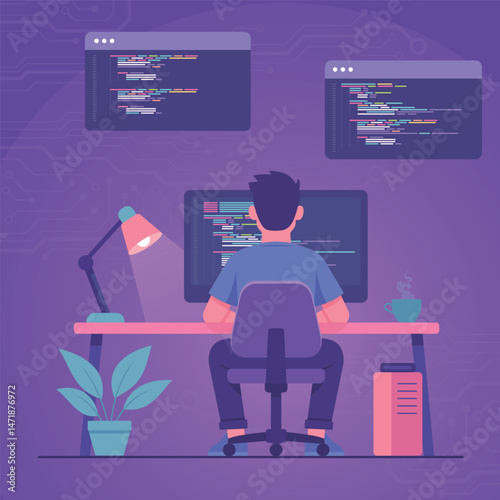 Modern Web Developer at Work Desk – Programming Flat Design Illustration