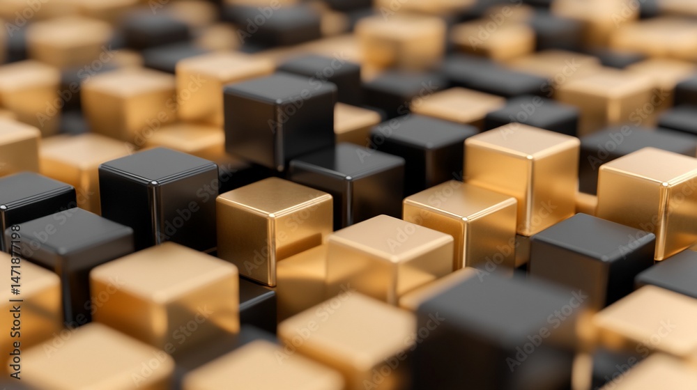 Fototapeta premium Cubes of black and gold create a pattern. Geometric shapes. Metallic surfaces
