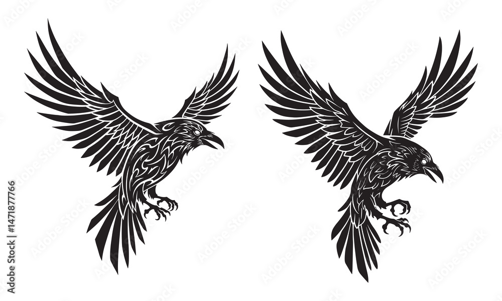 Fototapeta premium Tribal Raven Vector Illustration in Black and White