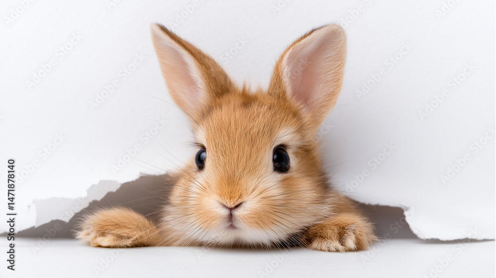 Obraz premium Adorable Easter bunny peeking through torn paper wall