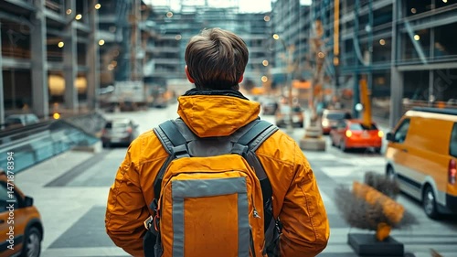 A person in a bright jacket stands in a bustling construction site with vehicles and scaffolding photo