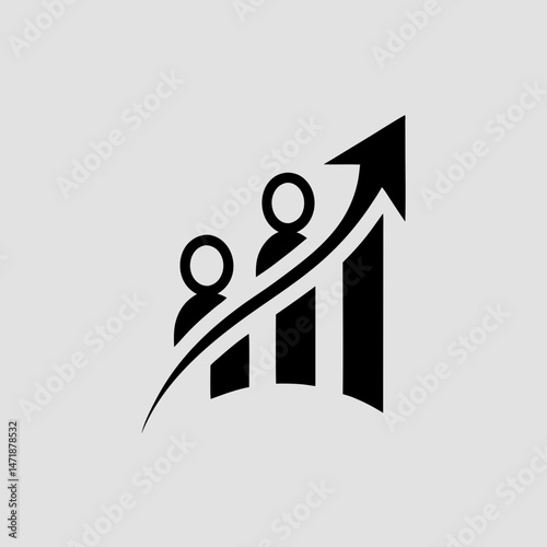 An icon depicting increasing bar graphs combined with stick figures and an upward curving arrow, symbolizing growth and progress of people or members. Suitable for business, HR, and social media conte