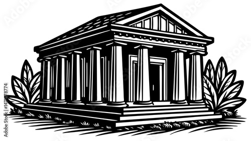 A black and white illustration of a classical Greek or Roman temple with columns and a pediment. Ideal for history, architecture, law, or government-themed sites and blogs.