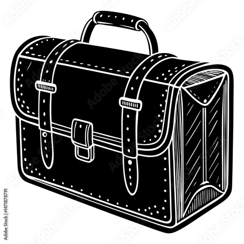 A black and white illustration of a classic briefcase with straps and a handle. Suitable for business, education, or travel-related content.