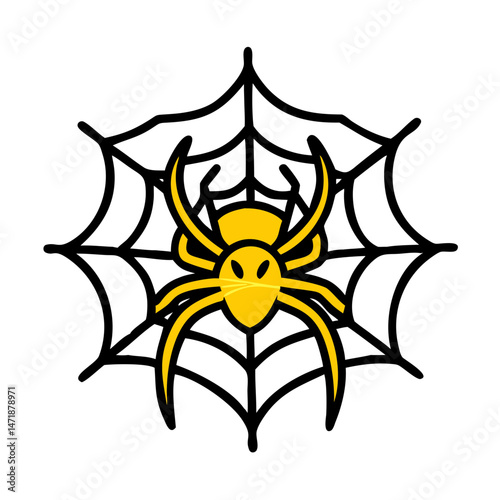 A stylized yellow spider on a black web, isolated on white, suitable for Halloween themes, insect blogs, or arachnid-related content.