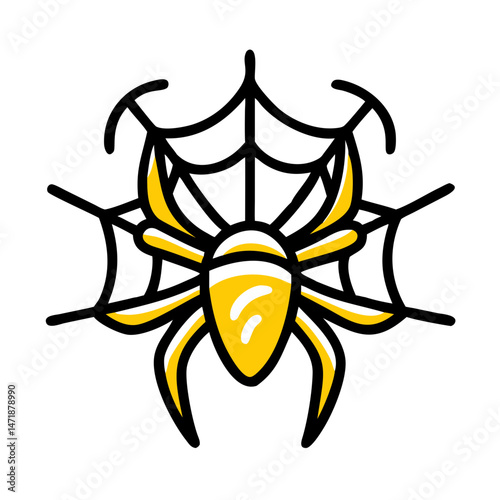 A stylized yellow spider on a black web, isolated on white, suitable for Halloween themes, insect blogs, or arachnid-related content.