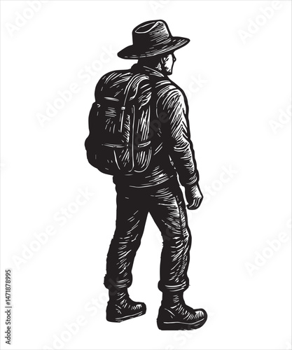  Silhouette of a male hiker in vintage woodcut style