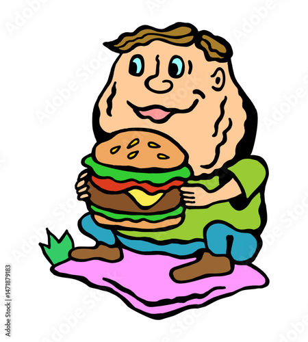 Vector color illustration of a smooth boy with a burger and mat on a white isolated background