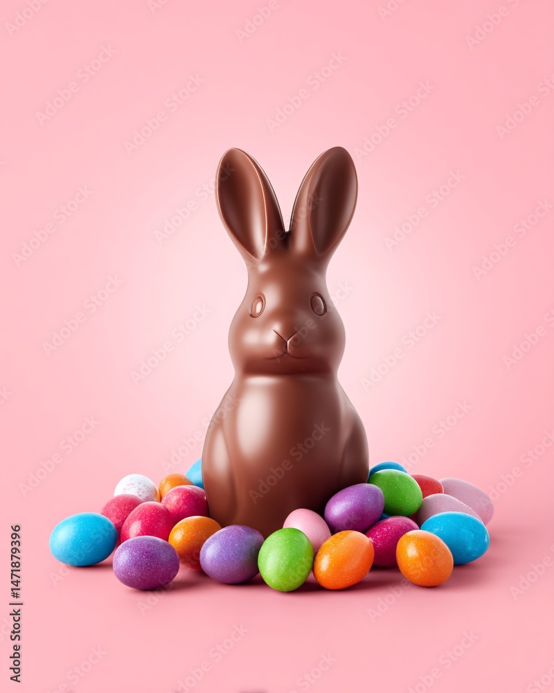 Chocolate Easter Bunny Surrounded by Colorful Eggs