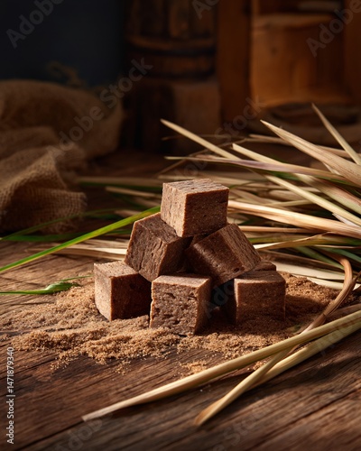 Cubes of Brown Sugar on Wooden Table with Grass