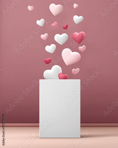 Colorful Heart Balloons Floating Above a Blank Box