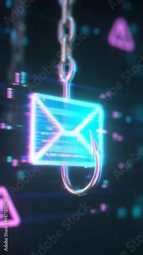 fishing hook piercing email icon, symbolizing phishing threats