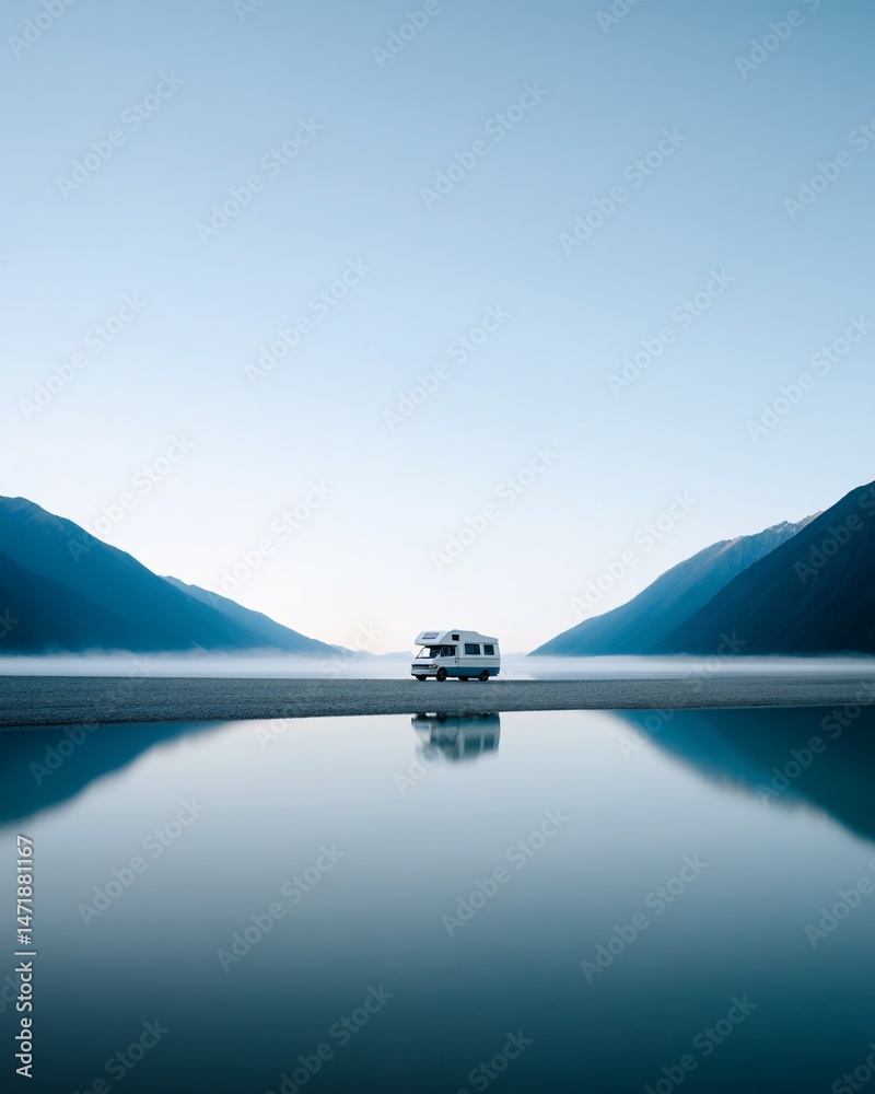 Serene Caravan by the Tranquil Lake at Dawn