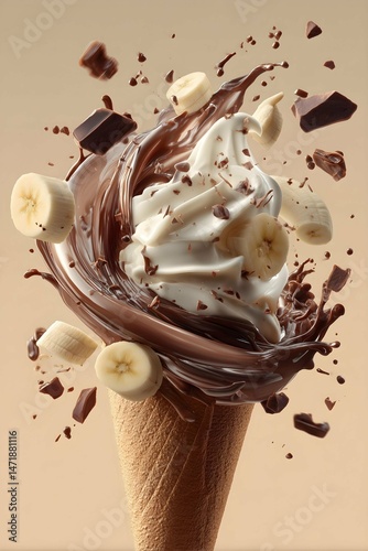 banana chocolate ice cream cone advertising chocolate splashes ice cream poster background