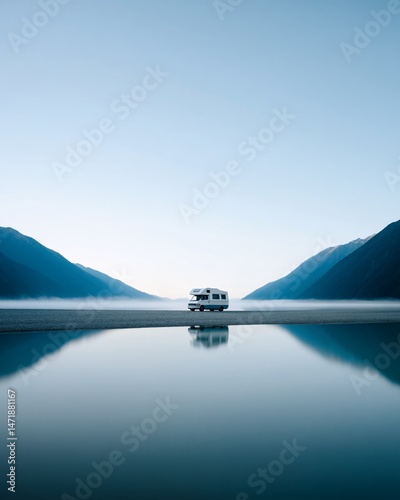 Obraz na płótnie Serene Caravan by the Tranquil Lake at Dawn w salonie