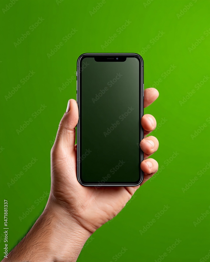 Hand holding a smartphone against a green background