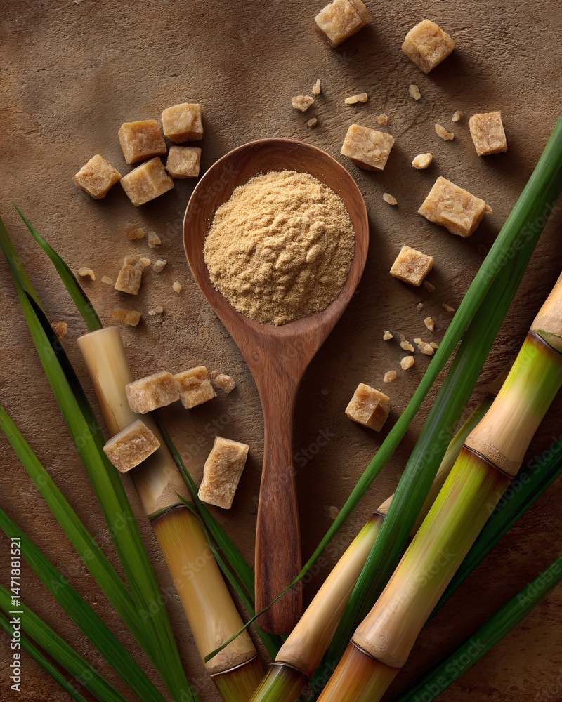 Sugar cane and brown sugar on rustic background