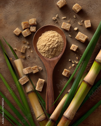Obraz na płótnie Sugar cane and brown sugar on rustic background w salonie