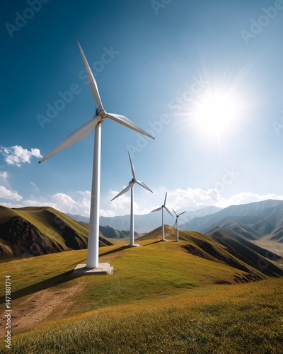 Obraz na płótnie Wind Turbines on Rolling Hills Under Bright Sky w salonie