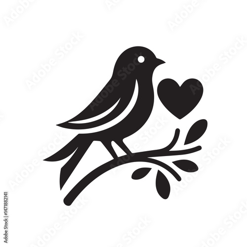 Black Silhouette Bird on Branch with Heart Romantic Design