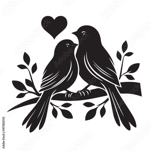 Romantic Couple of Birds on Branch with Heart Silhouette Illustration