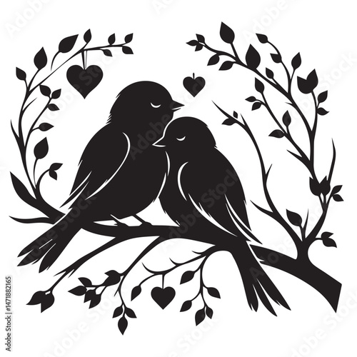 Romantic Silhouette of Two Birds on a Branch with Hearts