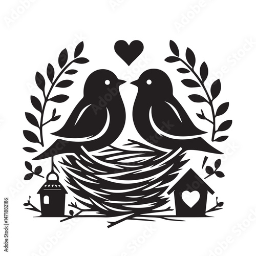 Two Birds in Nest with Heart Birdhouse and Floral Wreath