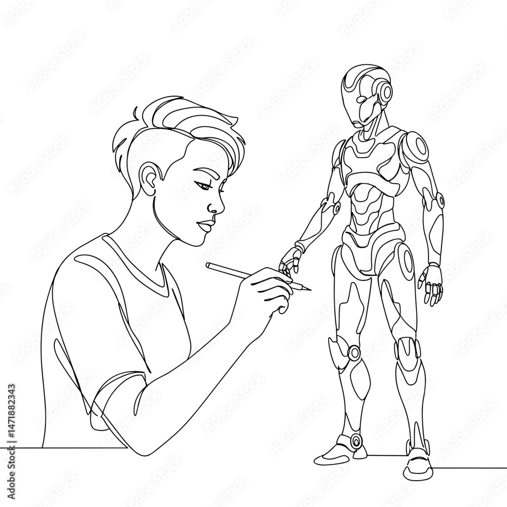 Fototapeta premium Artist designing a humanoid robot — one-line vector illustration for Expo 2025 innovation and creativity themes